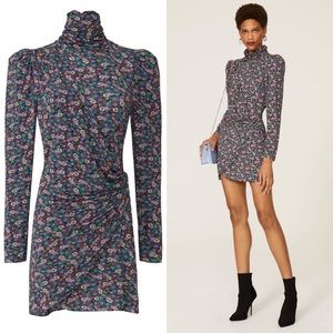 Ronny Kobo Ruby Mock Neck Floral Ruched Jersey Stretch Mini Dress L Retro